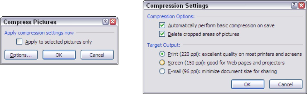 Figure 3-6: Compressing graphics (left) and telling PowerPoint how to compress (right).